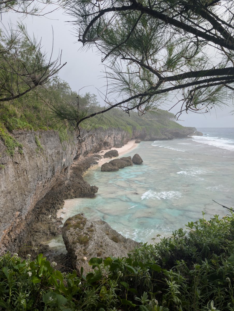 Broad reef flat with microatolls: Northward cliff view showed broad reef/back-reef flat exposure and large microatoll forms, but no safe descent was identified.