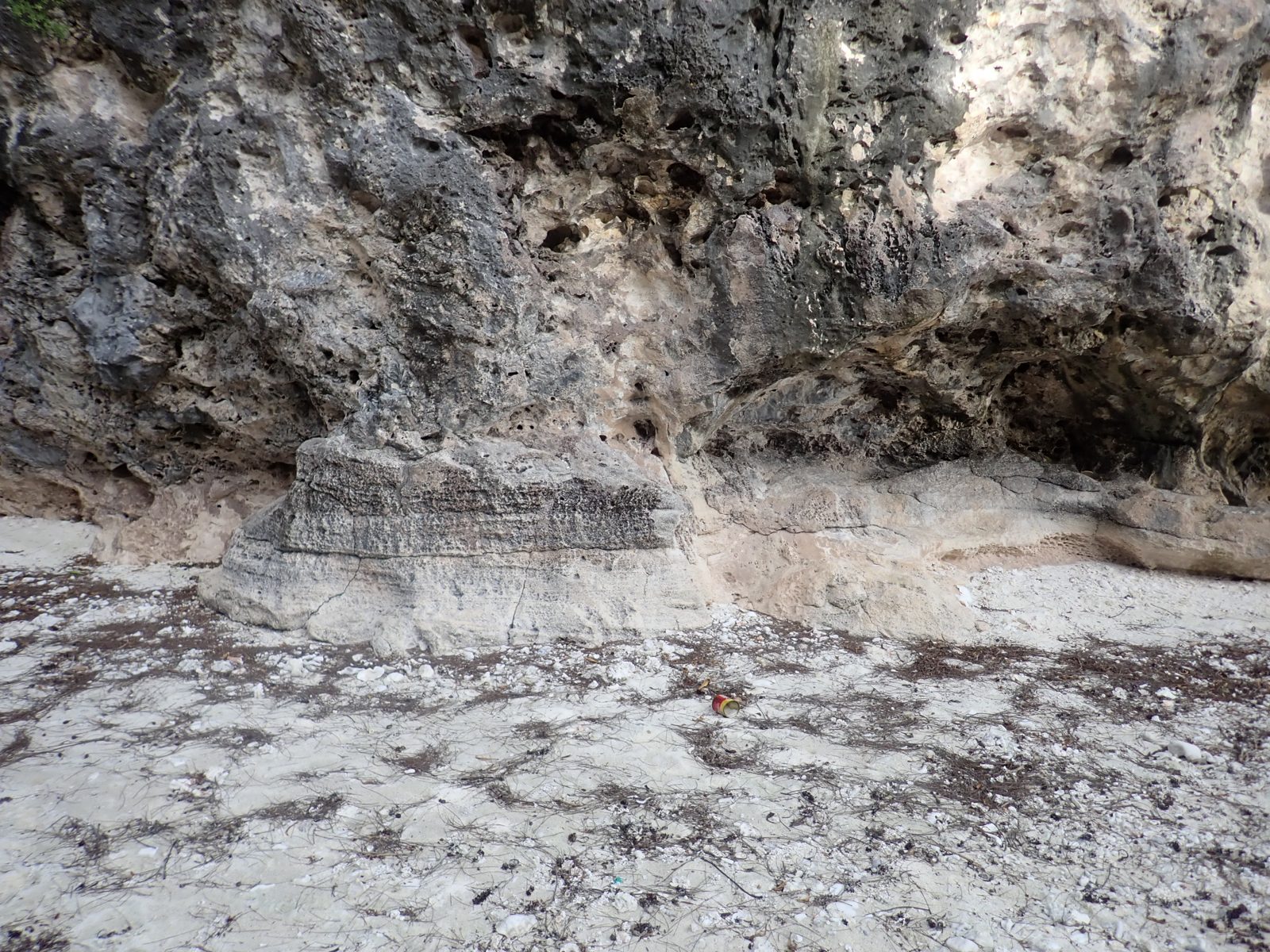 Wide view inside the Araoa coastal cave, with a pale layered exposure and loose sand below a dark, deeply weathered limestone wall.