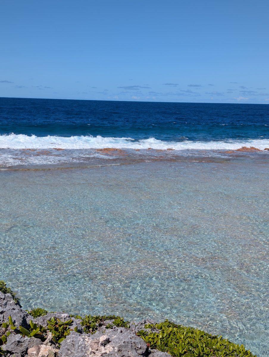 HS116 circular flat features: Circular holes and original topography behind wave crash were photographed as possible paleo sea-level indicators.